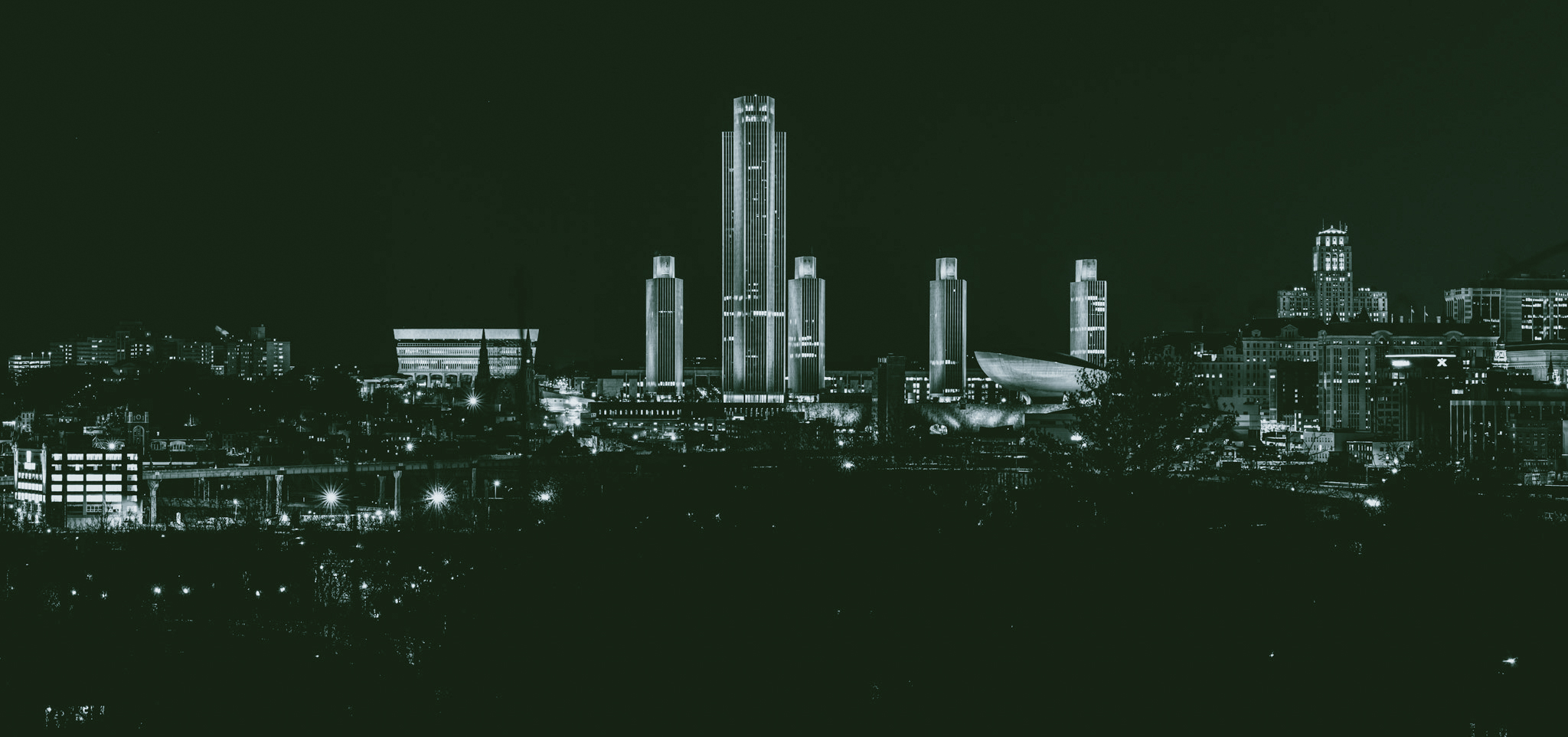 A panoramic view of Albany, Ny's skyline at night.